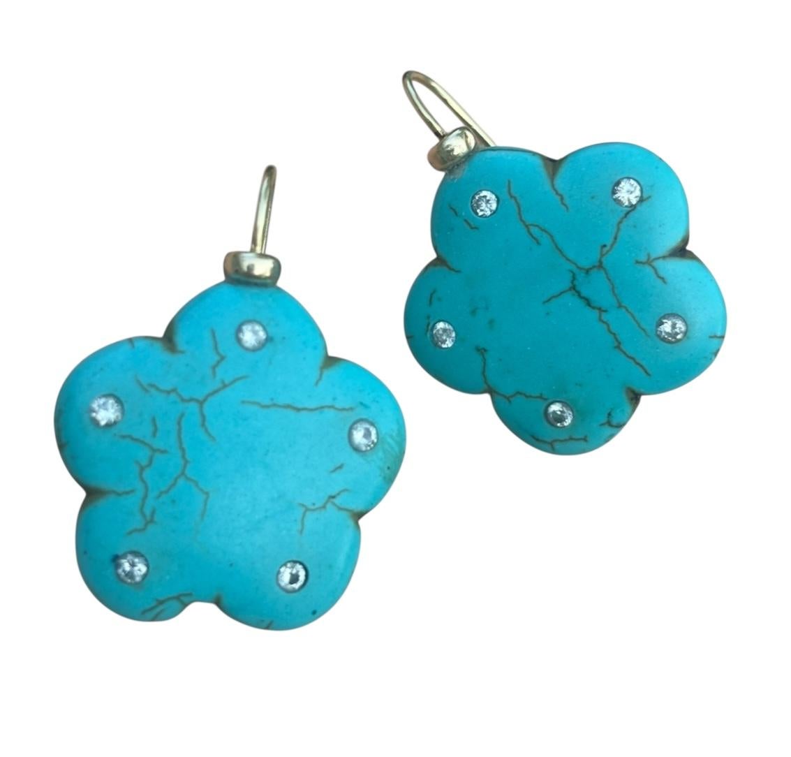 Boucles d'oreilles en turquoise, diamant et or 14k en vente 6
