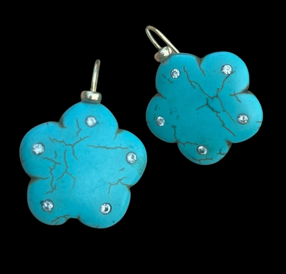 Boucles d'oreilles en turquoise, diamant et or 14k en vente 2