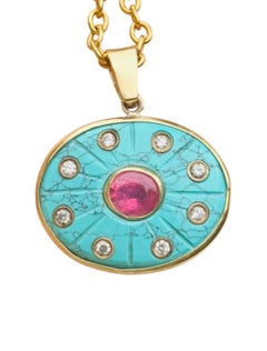 SOL Pendant, Turquoise, Pink Tourmaline with Diamonds & 14k Gold