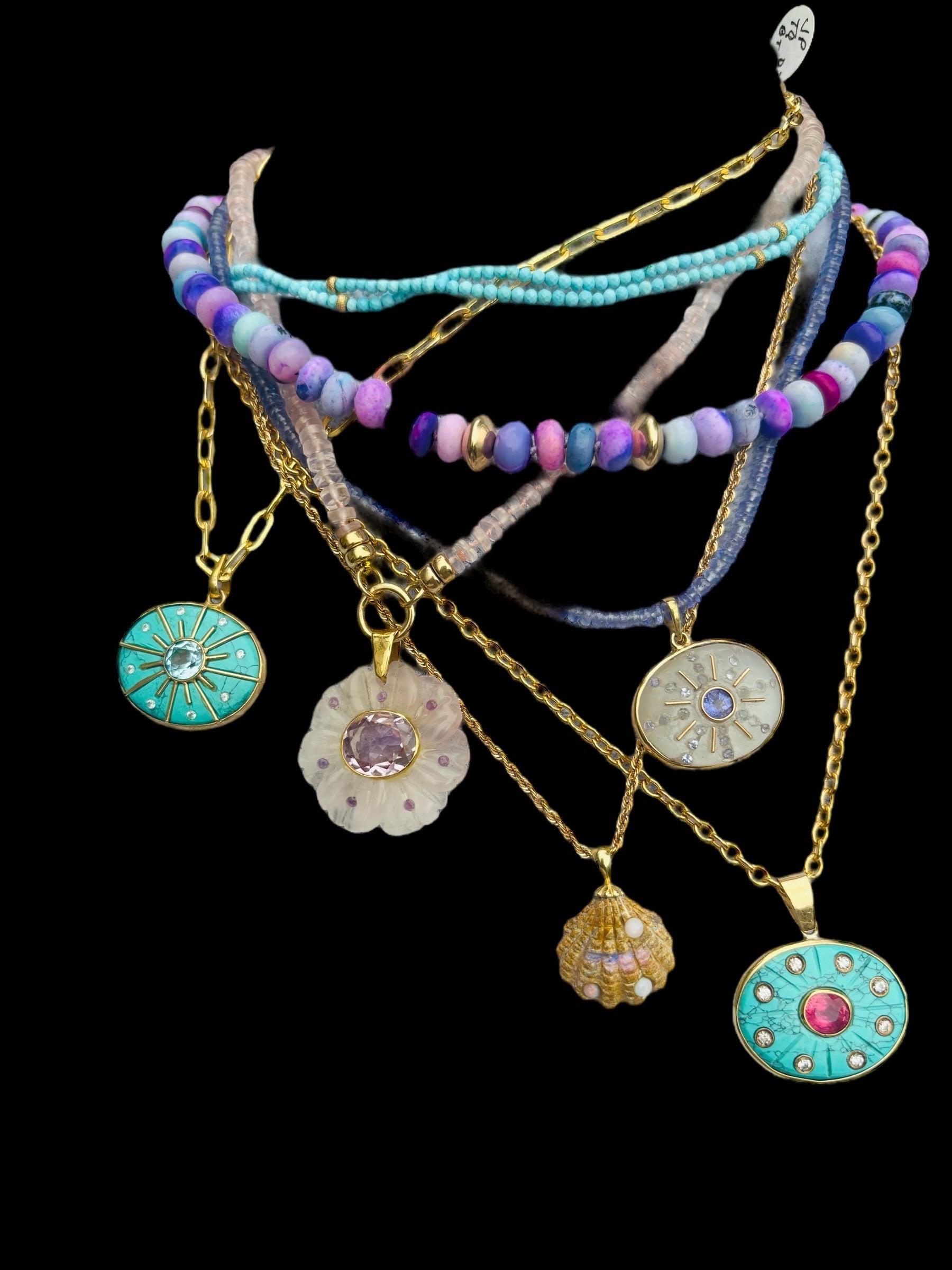 Pendentif SOL, Turquoise, Tourmaline rose avec diamants et or 14k en vente 2