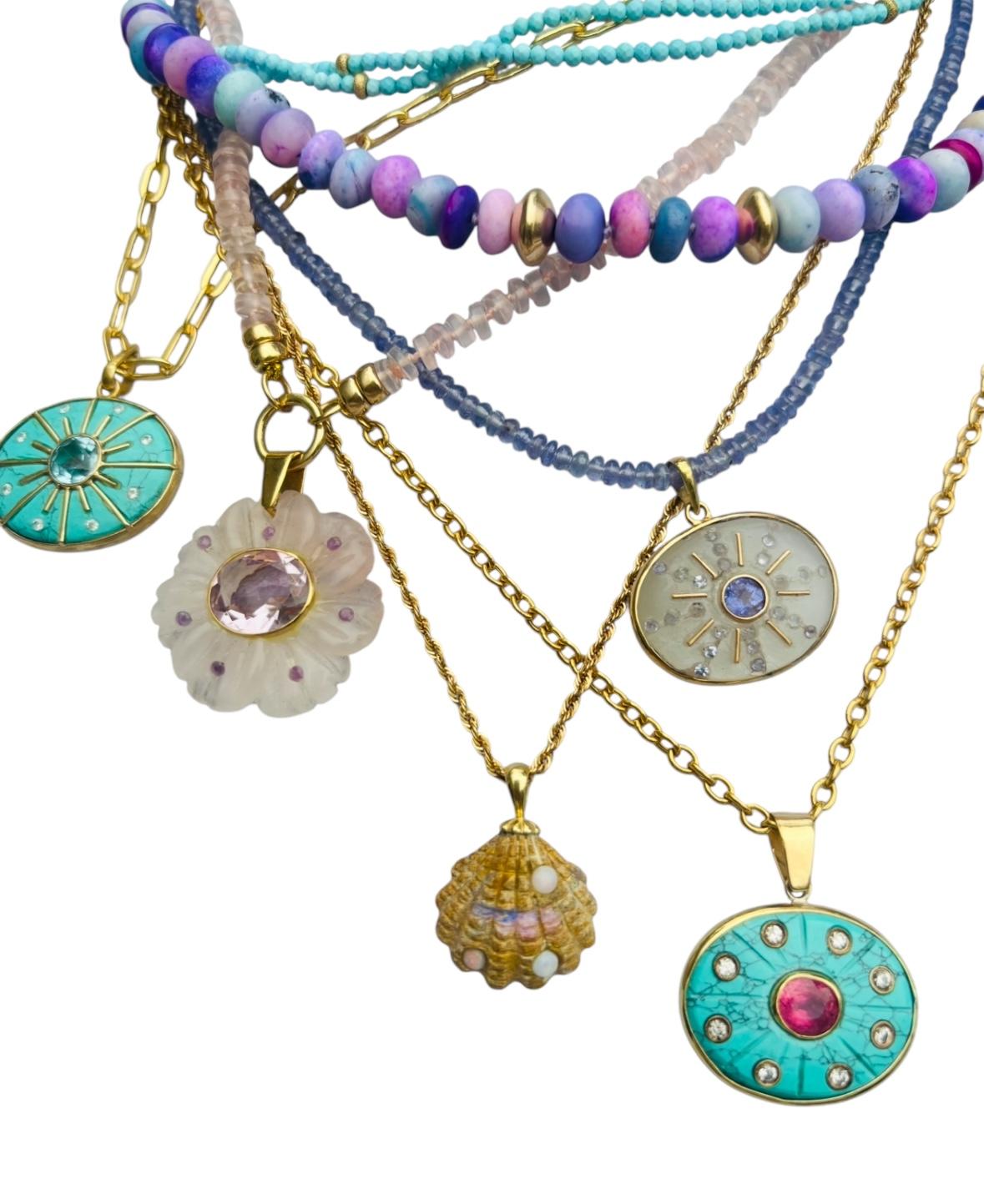 Pendentif SOL, Turquoise, Tourmaline rose avec diamants et or 14k en vente 1