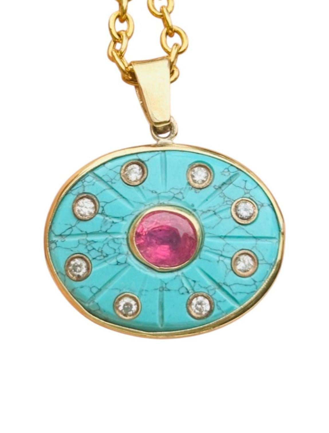 Pendentif SOL, Turquoise, Tourmaline rose avec diamants et or 14k en vente 3