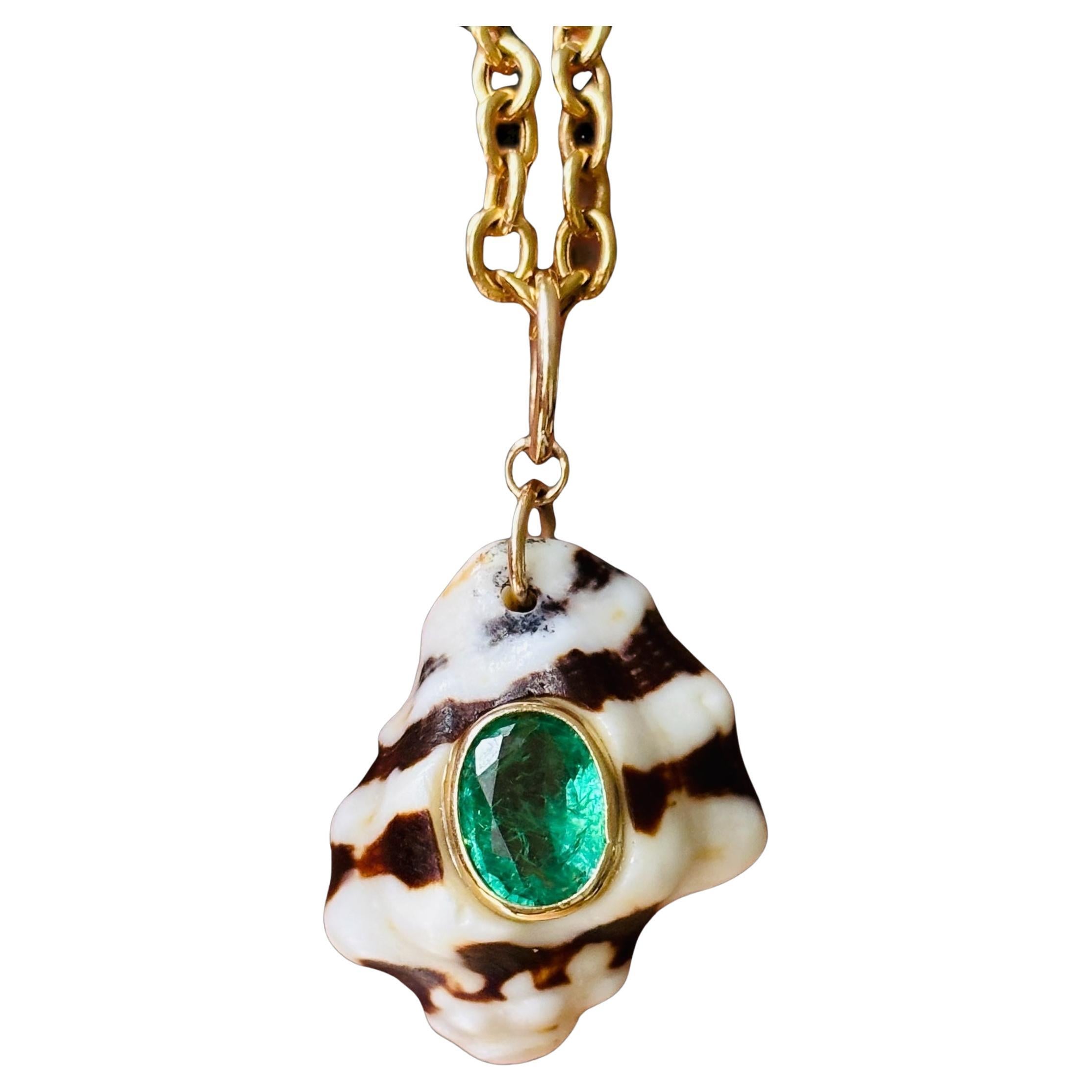 Sea Shell Pendant with Emerald & 14k Gold For Sale