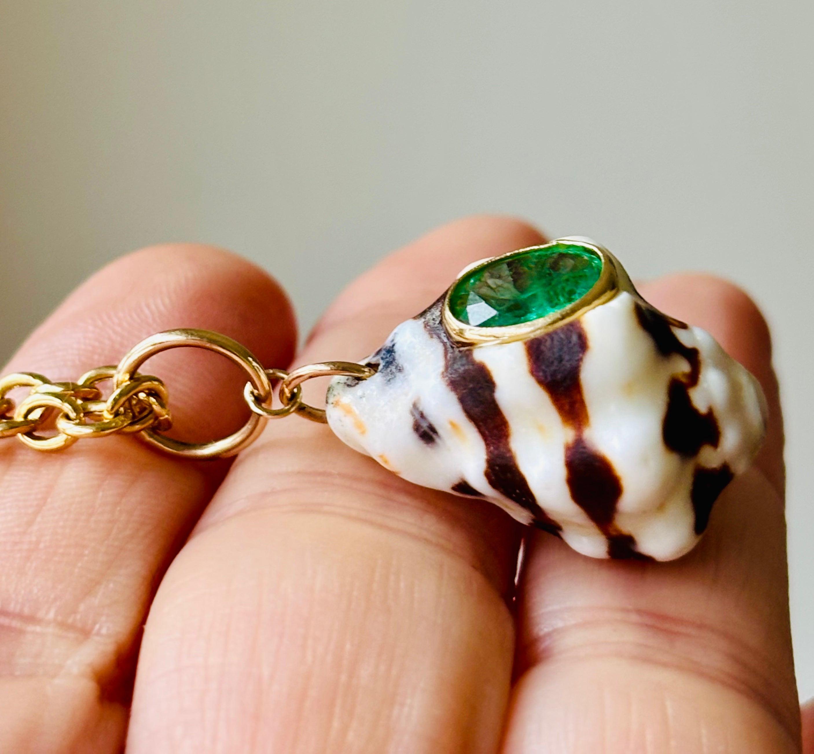 Women's or Men's Sea Shell Pendant with Emerald & 14k Gold For Sale