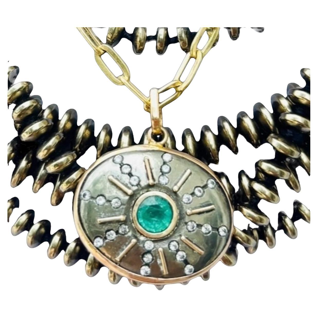 Pendentif SOL, pyrite, émeraudes, diamants et or 14k
