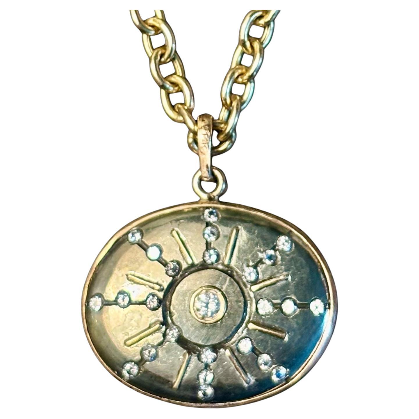 Pendentif SOL, pyrite avec diamants et or 14k