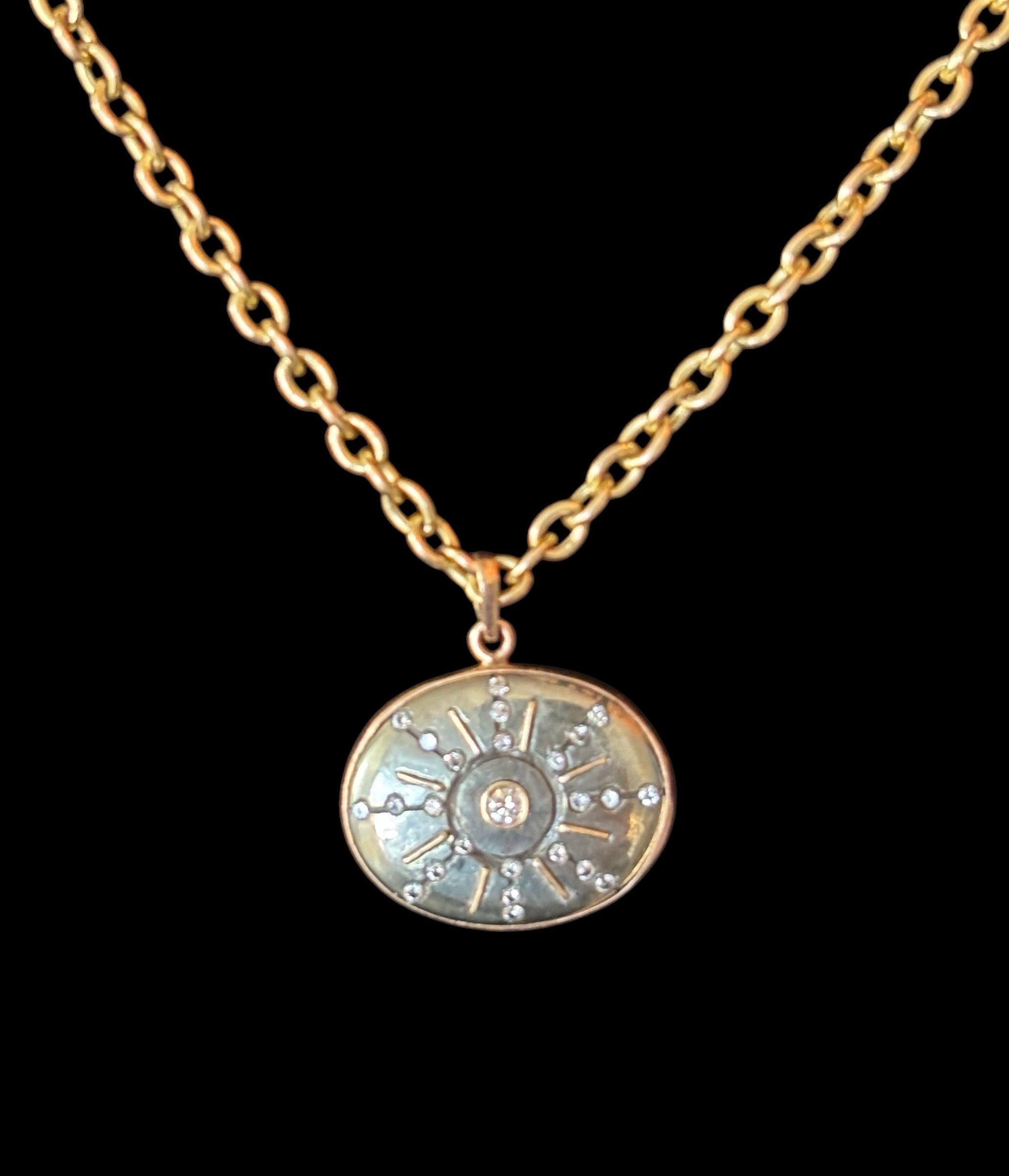 Pendentif SOL, pyrite avec diamants et or 14k Unisexe en vente