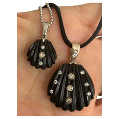 Sea Shell Pendant, Carved Black Onyx with Diamonds and 14k White Gold
