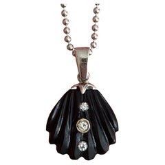 Collier coquillage, onyx noir, diamants, or blanc 14k, chaîne en or Ball Ball
