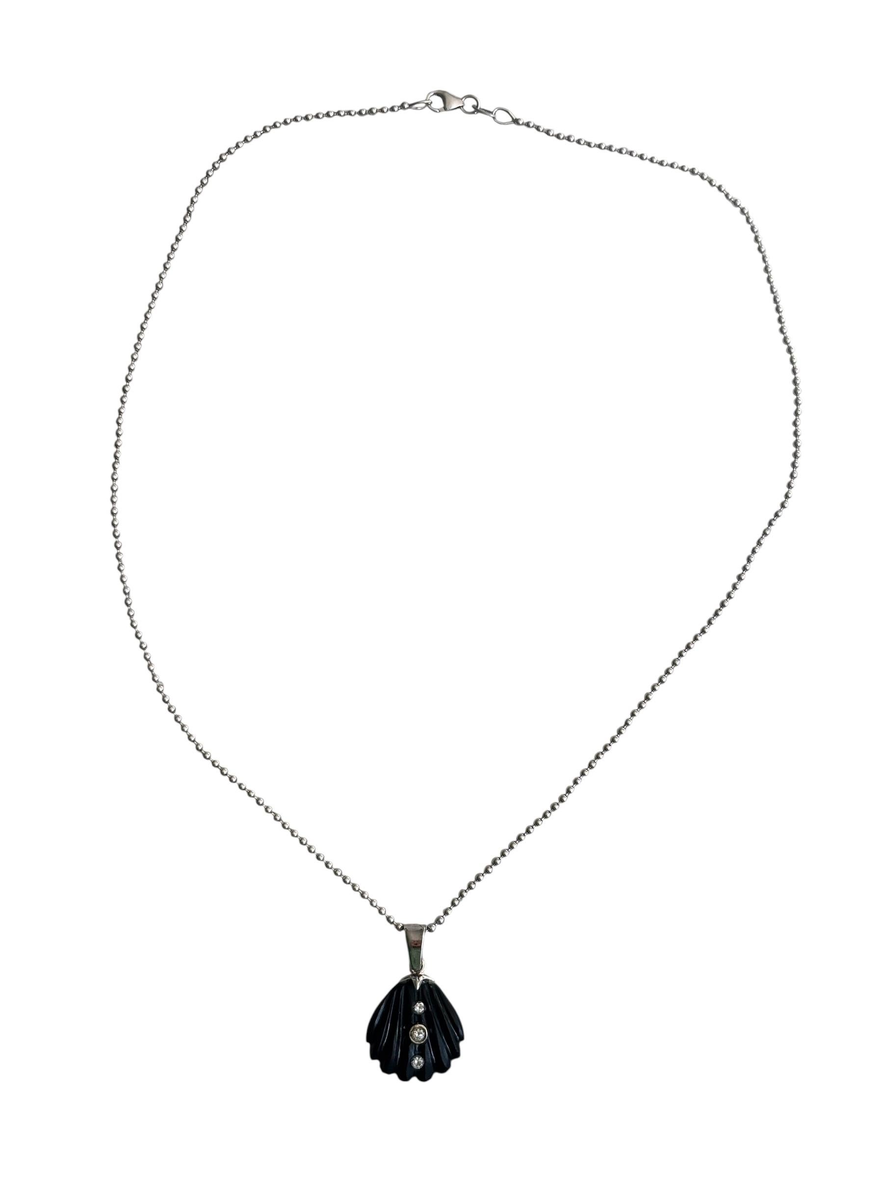 da uomo o donna Collana di conchiglie marine, onice nero, diamanti, oro bianco 14k, catena a sfere d'oro in vendita