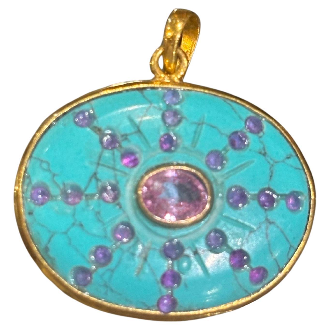 SOL Anhänger, Türkis, rosa Saphire & 14k Gold im Angebot