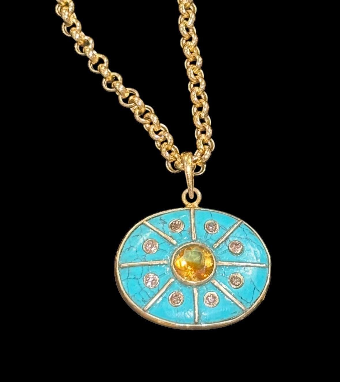 Ciondolo SOL

Turchese, Citrino, Diamanti Champagne, Oro 14k

La linea S.L.A. è stata sviluppata intorno all'idea di onorare se stessi e di vivere una vita che ti illumini. Il sole è un potente simbolo di vita e di luce e questi pezzi sono stati