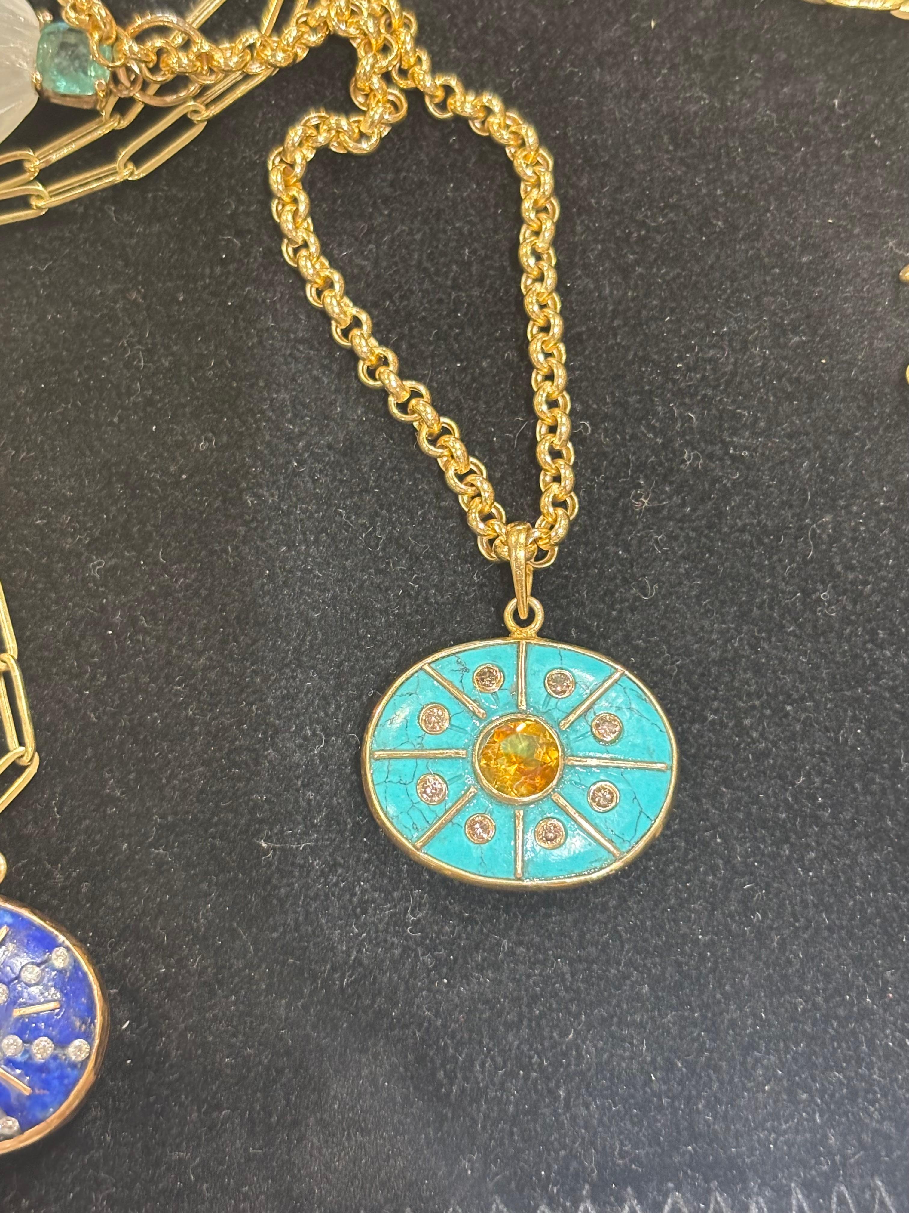 da uomo o donna Ciondolo SOL, turchese, citrino, diamanti champagne, raggi di sole in oro in vendita