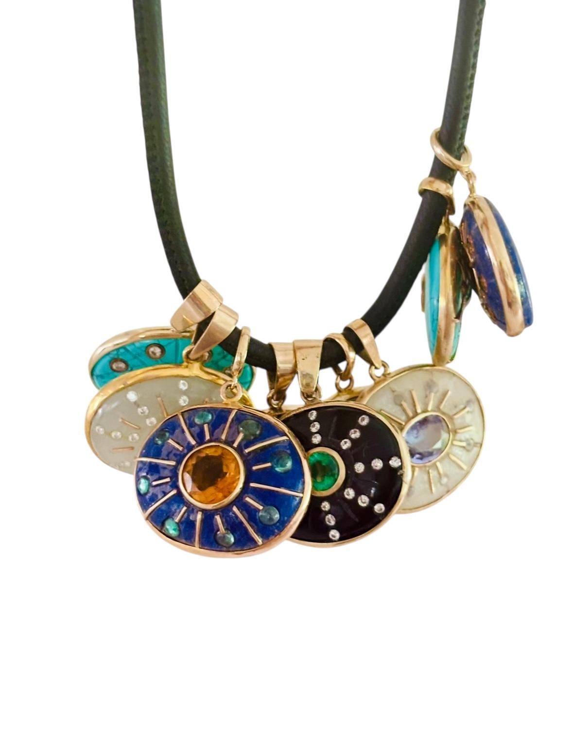 Taille mixte Pendentif en or 14 carats, labradorite, tourmaline, diamants en vente