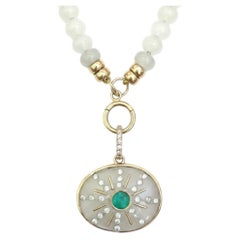SOL Pendant, Moonstone with Emerald and Diamond Sun Rays and Diamond Bail
