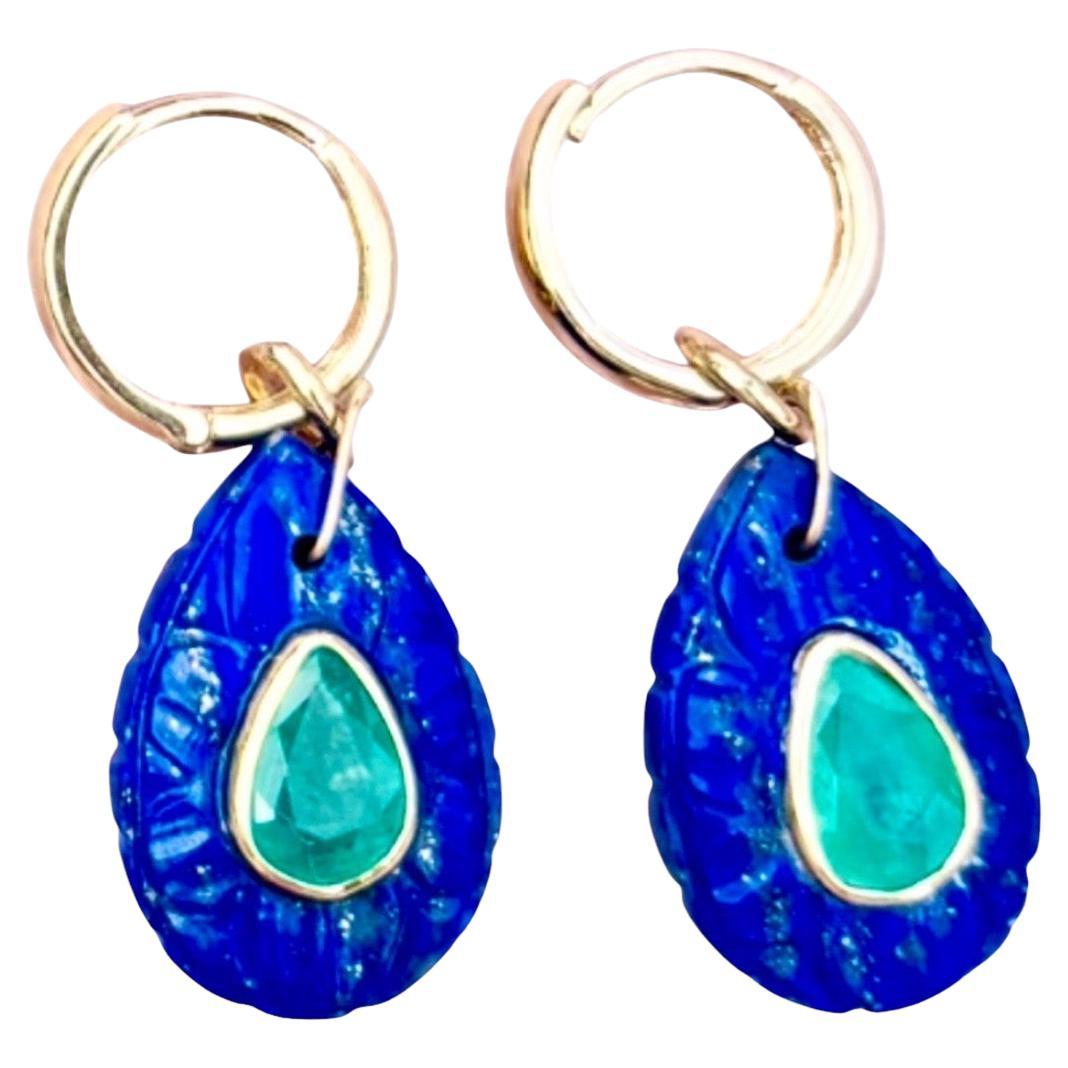 Boucles d
oreilles pétales FLORA : Lapis, émeraudes, diamants et or 14k