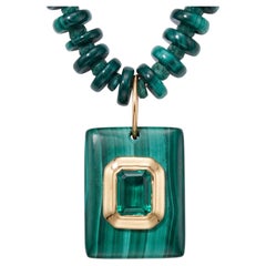 Malachite & Emerald Pendant on a Malachite & Emerald Beaded Necklace w/ 14k Gold
