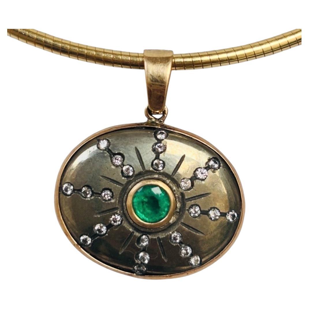 Pendentif SOL, pyrite avec émeraude, diamants et or 14k