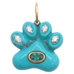 Dog Paw Pendant, Turquoise with Diamonds, Emerald & 14k Gold