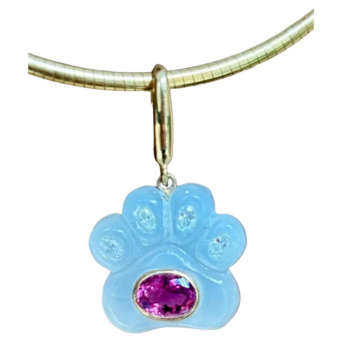 Dog Paw Pendant, Moonstone with Diamonds, Pink Tourmaline 
14k Gold For Sale