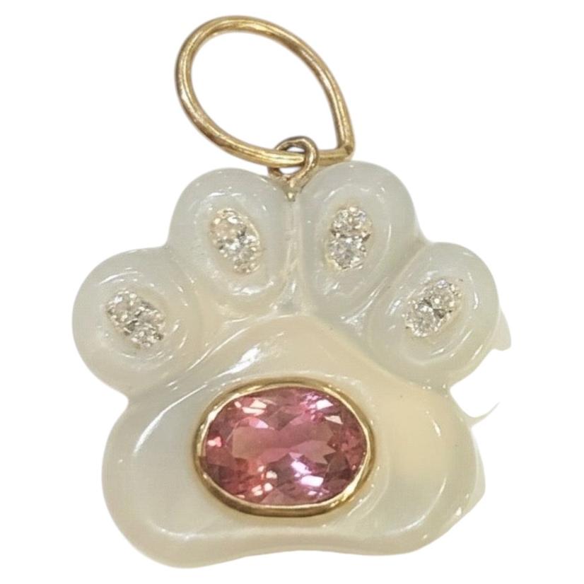 Dog Paw Pendant, Moonstone with Diamonds, Pink Tourmaline & 14k Gold For Sale