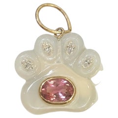Dog Paw Pendant, Moonstone with Diamonds, Pink Tourmaline & 14k Gold