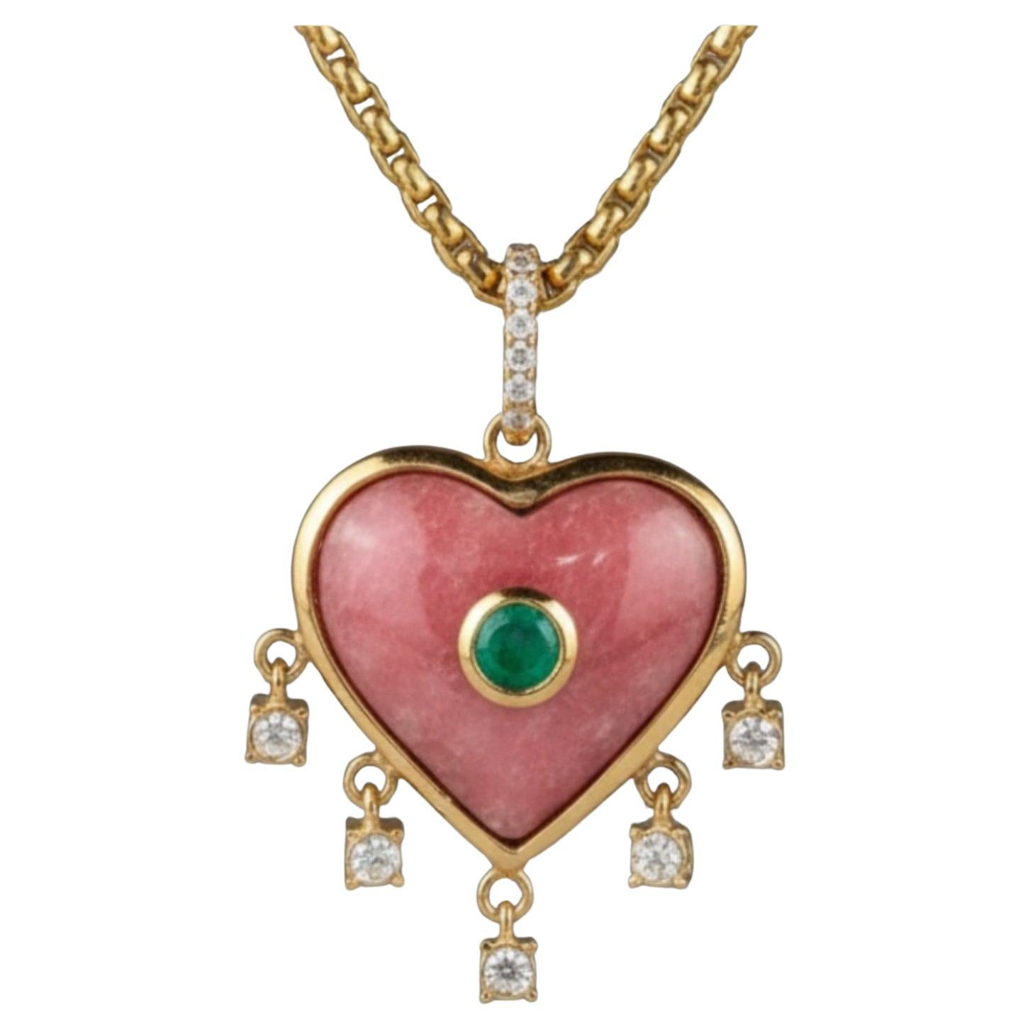 Rhodochrosit Herz-Anhänger mit Smaragd und Diamanten