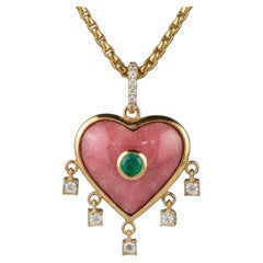 Rhodochrosit Herz-Anhänger mit Smaragd und Diamanten