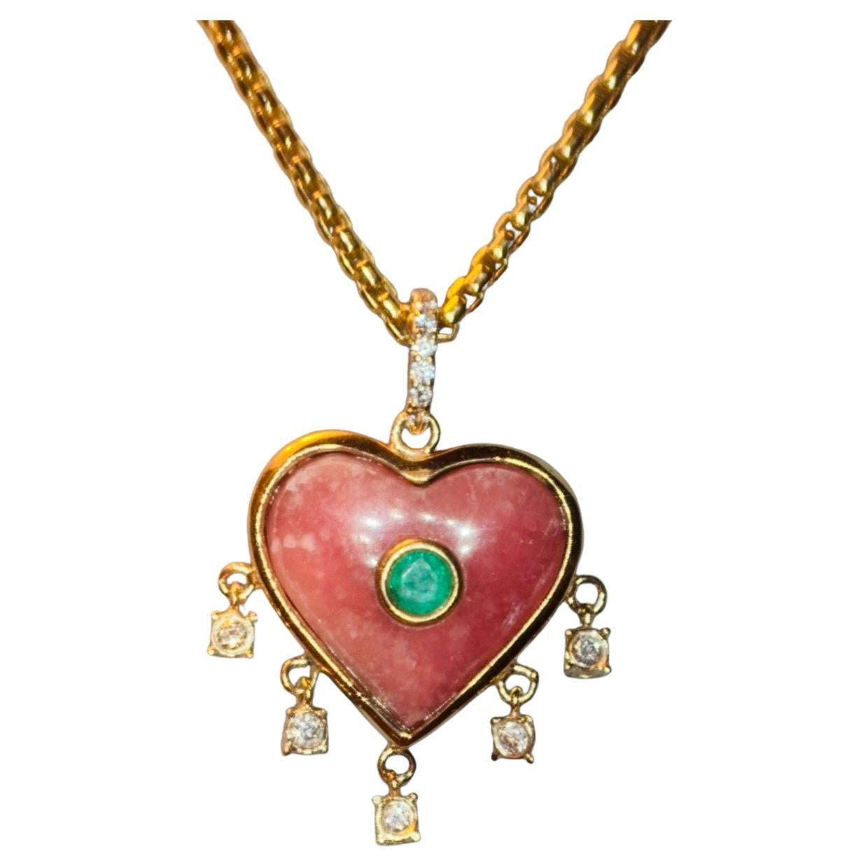 Rhodochrosite Heart Pendant with Emerald & Diamonds