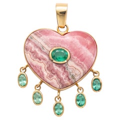 Rhodochrosite Heart Pendant with Emeralds in 14k Gold by Jen Proudman