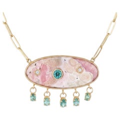 Rhodochrosite Necklace, with Emeralds & Diamonds on a Paperclip Chain