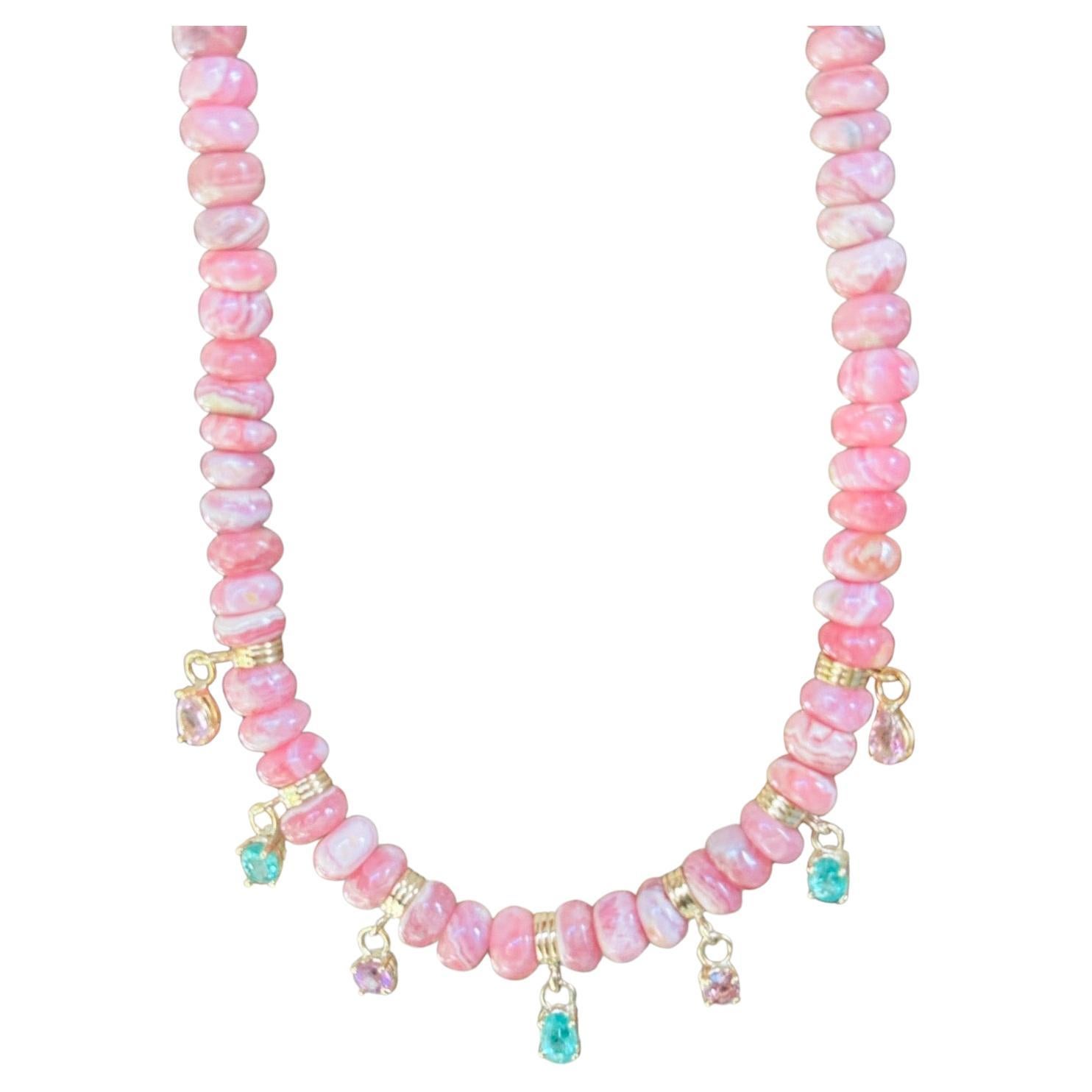 Fringe Rondelle Necklace with Rhodochrosite, Emeralds, Pink Spinel 
14k Gold