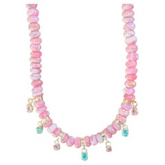 Collier Rondelle Frange avec Rhodochrosite, Emeraudes, Spinelle Rose et Or 14k