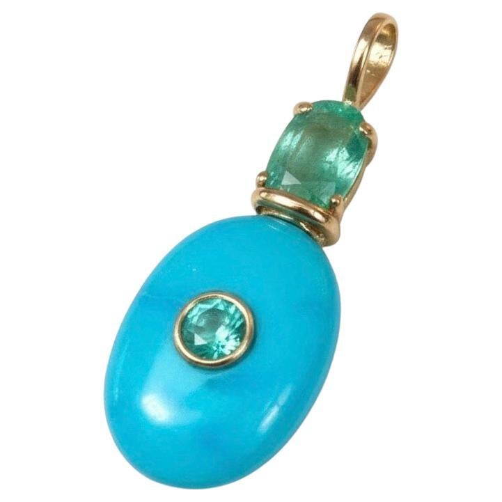 Pendentif turquoise avec émeraudes, diamant (caché) et or 14k