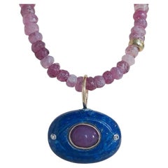Lapis Evil Eye with Ruby and Diamonds on a Ruby Beaded Necklace with 14k Gold