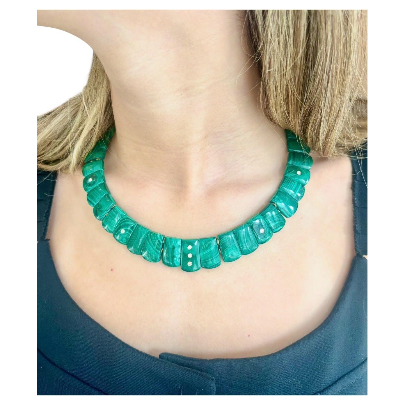 Epic CLEOPATRA Collar Necklace, Malachite and Diamonds and 14k Gold For Sale