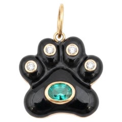 14k Gold Black Onyx Dog Paw Pendant with Emerald and Diamonds