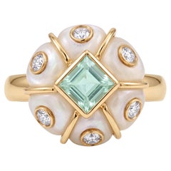 14k Gold Flower Ring with Moonstone, Emerald & Diamonds