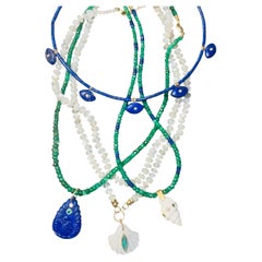 Emerald And Blue Sapphire Beaded Necklace in 14k Gold