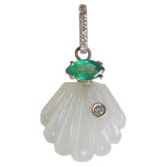 14k Gold Moonstone Shell Pendant with Emerald and Diamonds