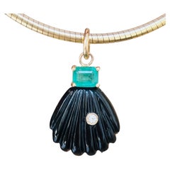 14k Gold Black Onyx Shell Pendant with Diamond & Emerald