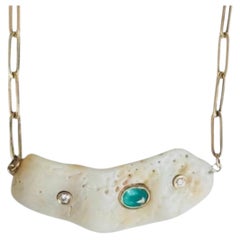 Shell Necklace with Emerald and Diamonds, 14k Gold Paperclip Chain, 16"