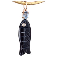 14k Gold Perfect Poisson Pendant, Black Onyx with Diamond and Spinel