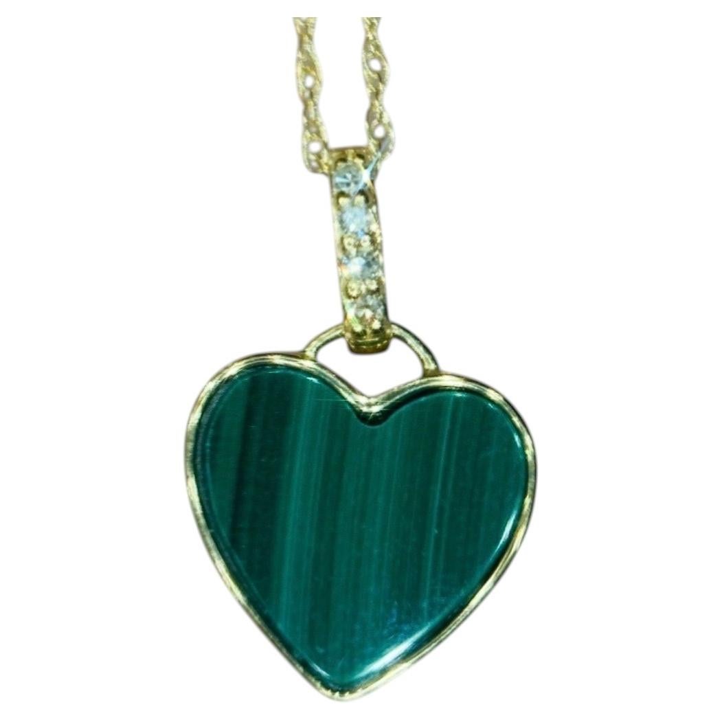 Malachite Heart Necklace, 14k Gold with Diamond Bail, 18"