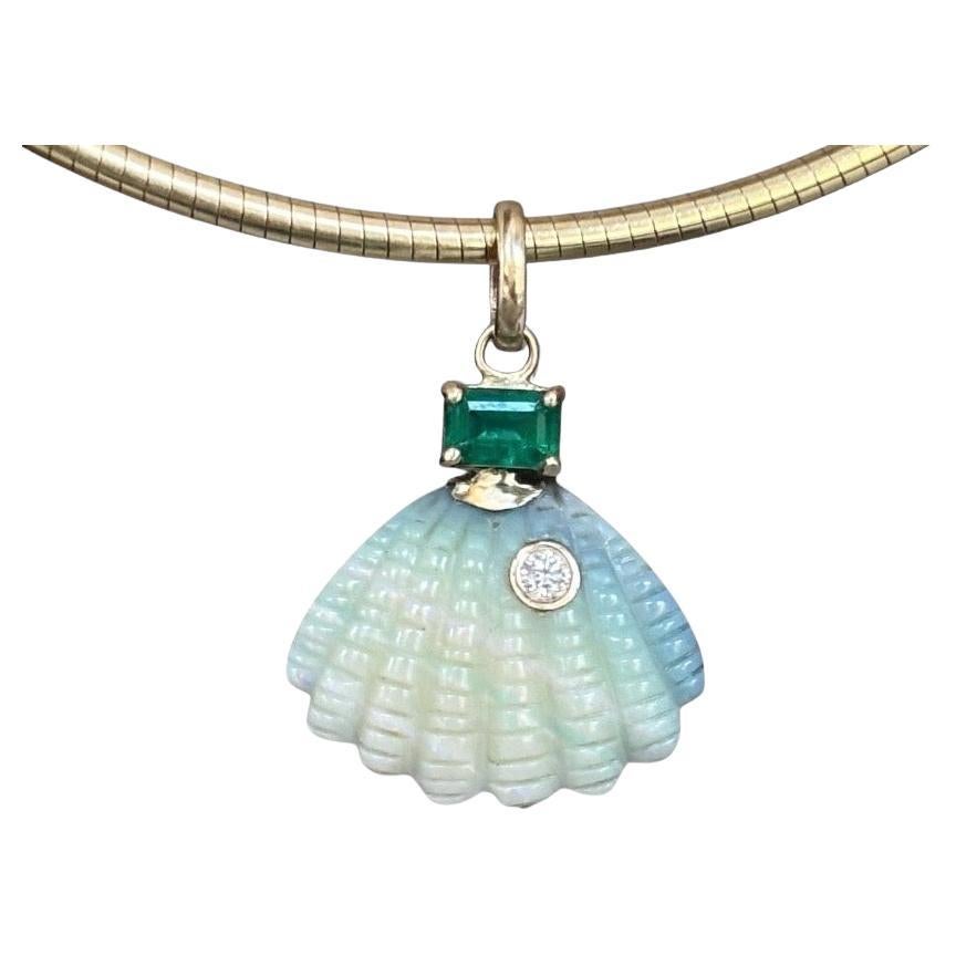 Australian Opal Shell Pendant with Diamond, Emerald & 14k Gold (double rainbow)