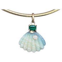 Australian Opal Shell Pendant with Diamond, Emerald & 14k Gold (double rainbow)
