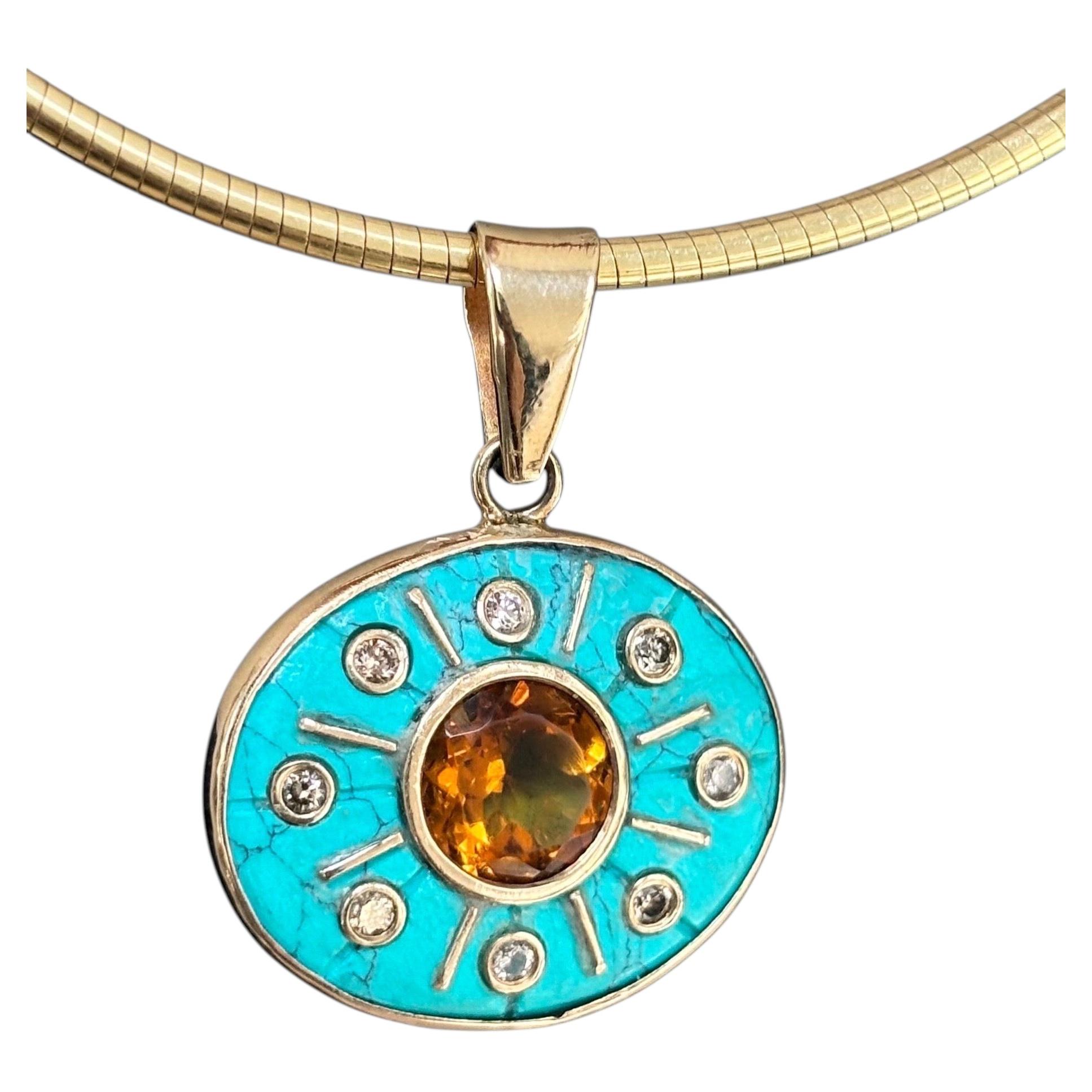 Pendentif Turquoise SOL avec Citrine, Diamants Champagne et Or 14k