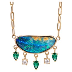 14k Gold Australian Opal Necklace with Columbian Emeralds & Diamonds