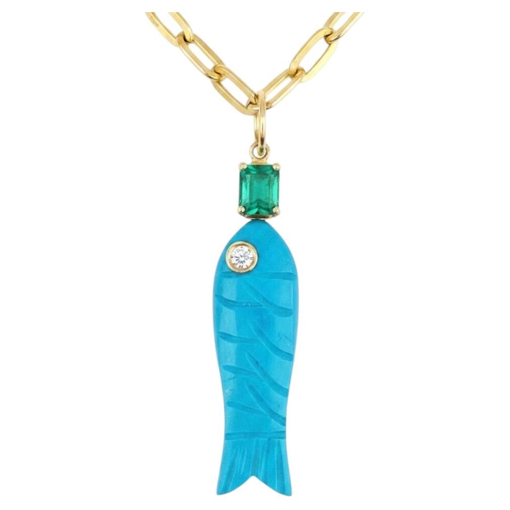 Colgante Pez Turquesa con Diamante, Esmeralda y Oro de 14k