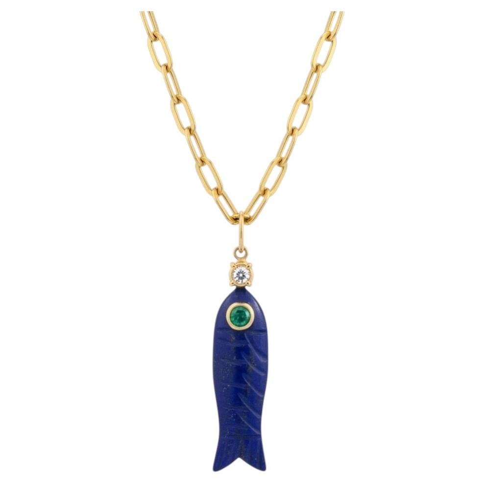 Lapis Lazuli Fish Pendant with Emerald, Diamond & 14k Gold For Sale